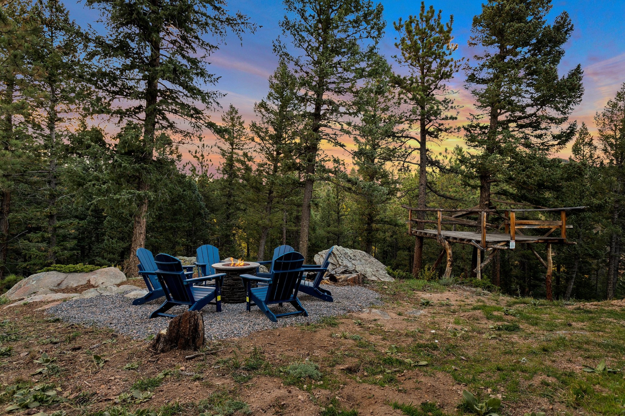 Fire pit among the pines at dusk