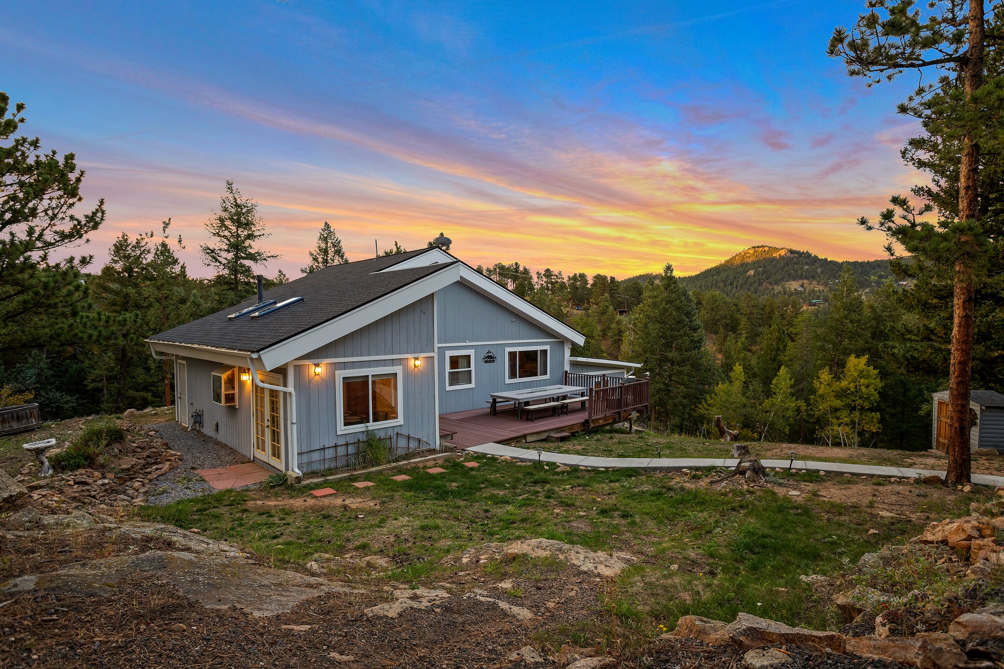 Lodge exterior at sunset